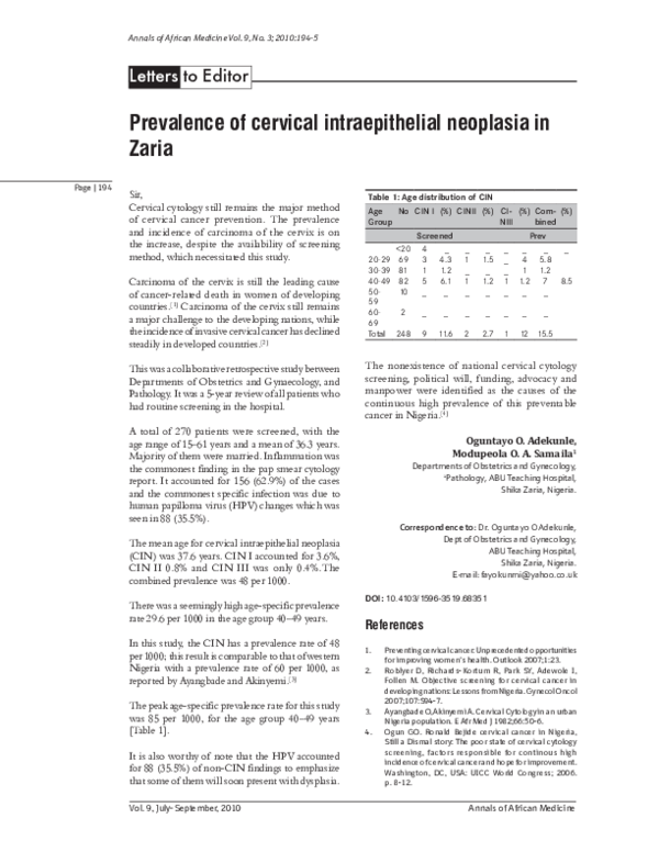 (PDF) Prevalence of cervical intraepithelial neoplasia in Zaria