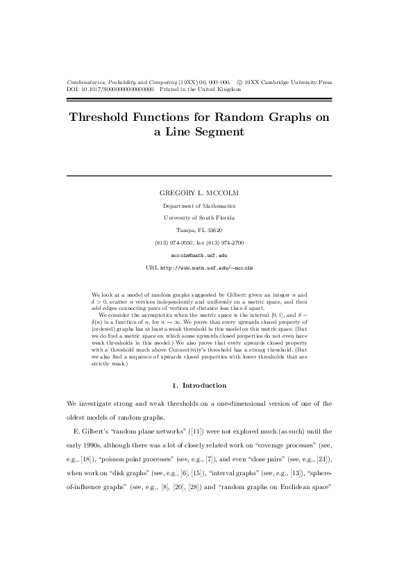 (PDF) Threshold Functions for Random Graphs on a Line Segment