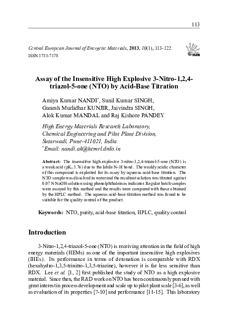 (PDF) Assay of the Insensitive High Explosive 3-Nitro-1,2,4- triazol-5 ...