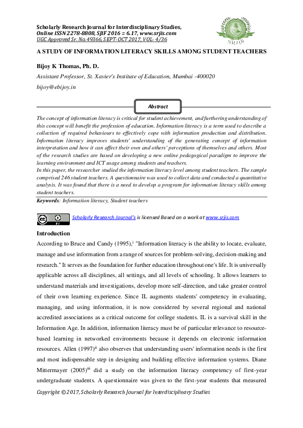 (PDF) A Study of Information Literacy Skills Among Student Teachers
