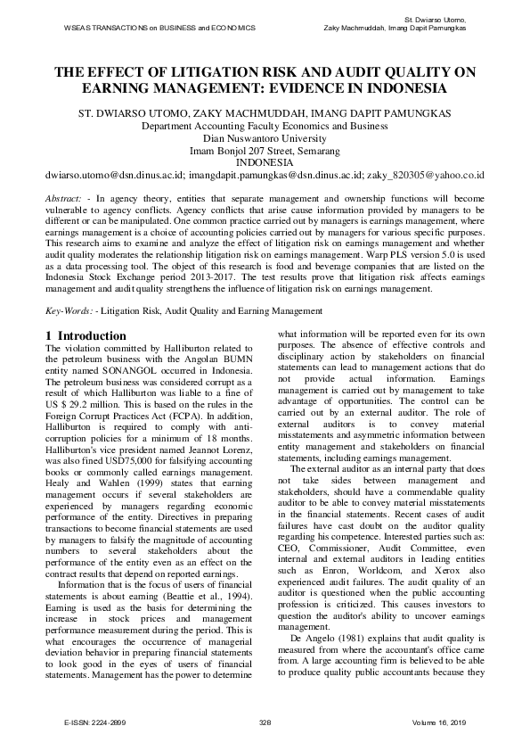 (PDF) The Effect of Litigation Risk and Audit Quality on Earning ...