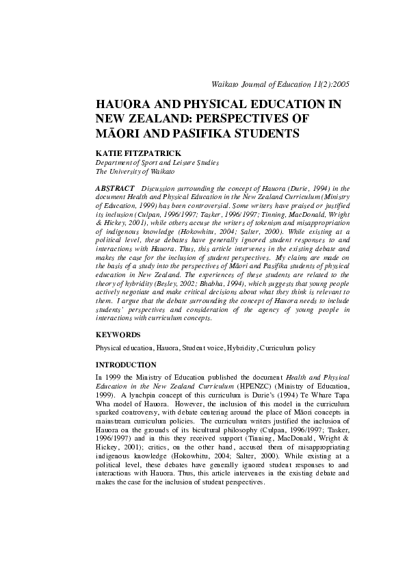(PDF) Hauora and Physical Education in New Zealand: Perspectives Of ...