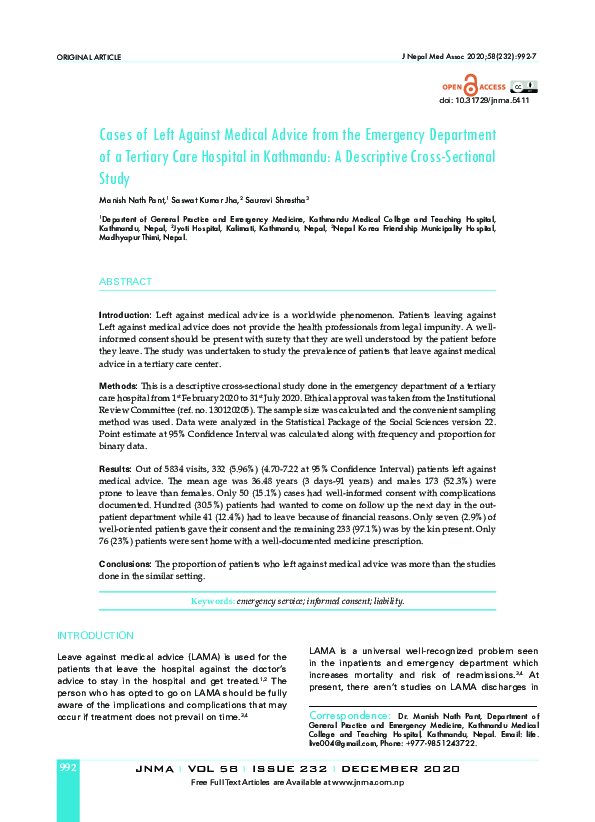 (PDF) Cases of Left Against Medical Advice from the Emergency ...