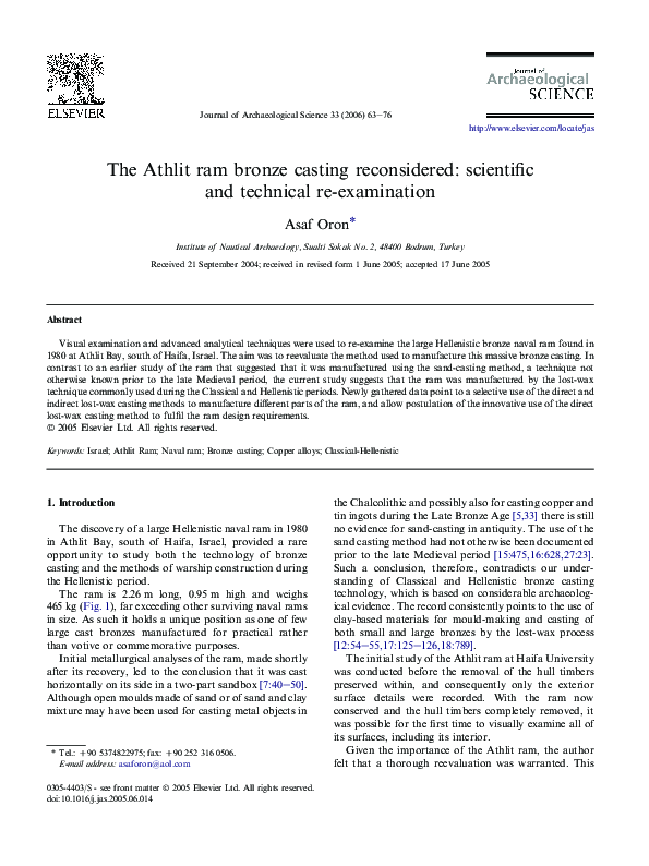 (PDF) The Athlit ram bronze casting reconsidered: scientific and ...