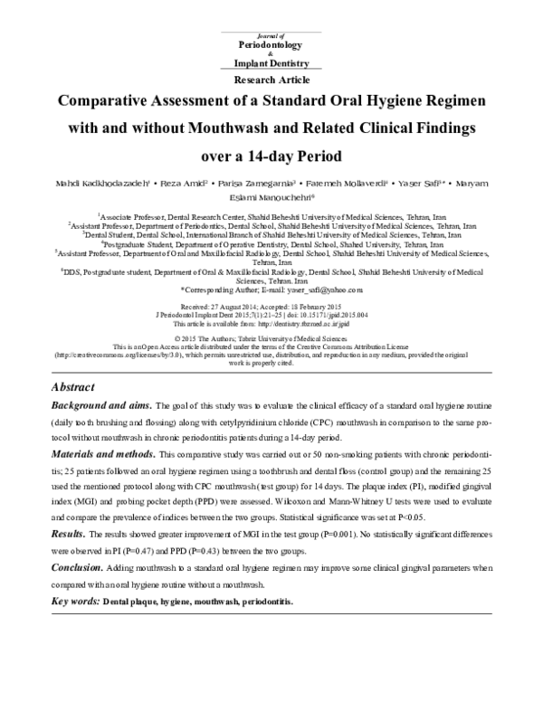 (PDF) Comparative Assessment of a Standard Oral Hygiene Regimen with ...