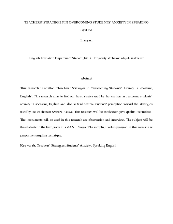(DOC) TEACHERS' STRATEGIES IN OVERCOMING STUDENTS' ANXIETY IN SPEAKING ...