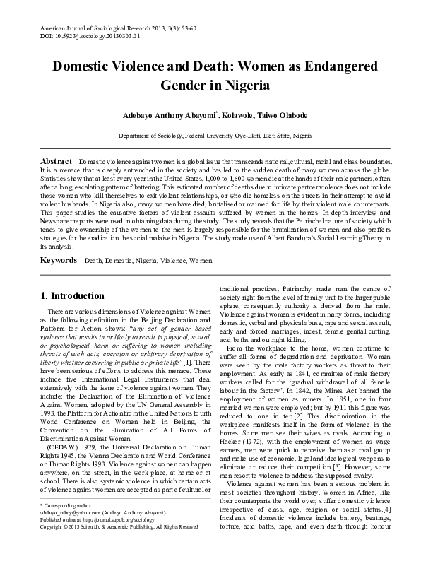 (PDF) Domestic violence and death: Women as endangered gender in Nigeria