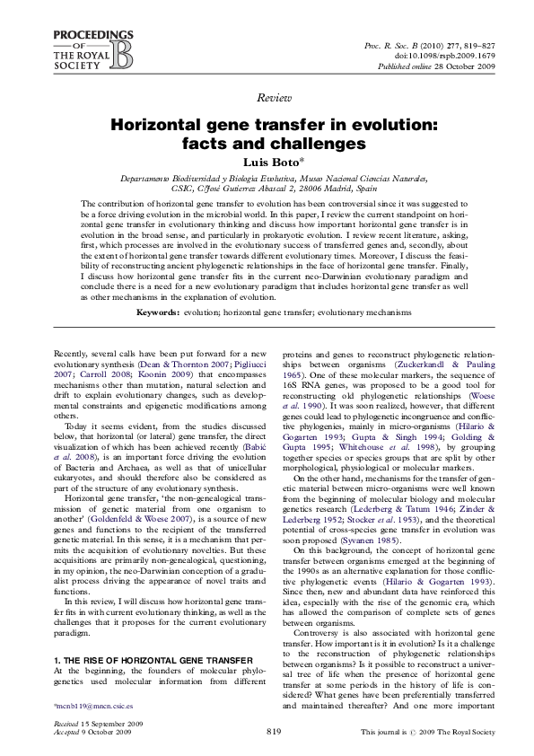(PDF) Horizontal gene transfer in evolution: facts and challenges