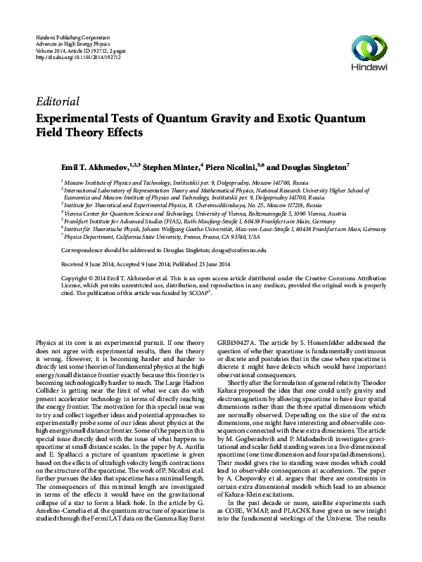 (PDF) Experimental tests of quantum gravity and exotic quantum field ...