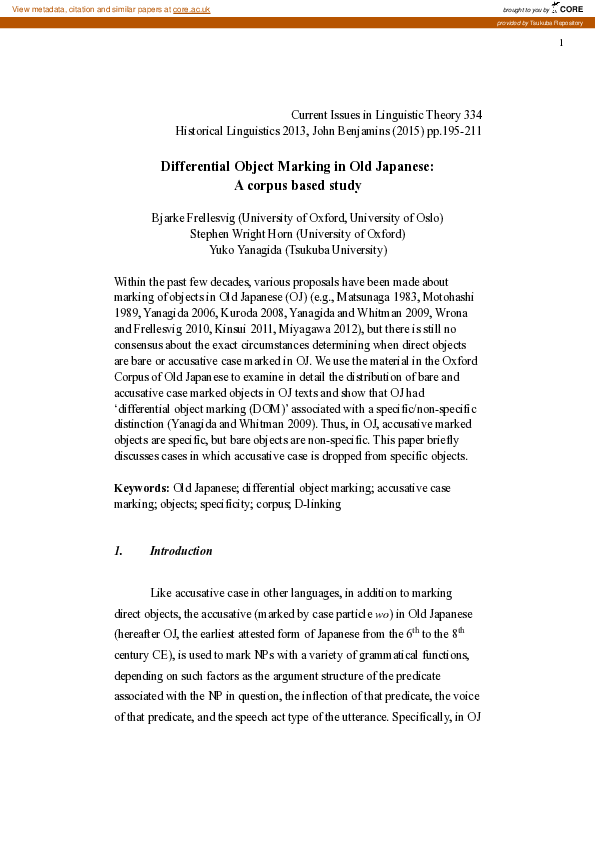 (PDF) Differential Object Marking in Old Japanese Bjarke Frellesvig