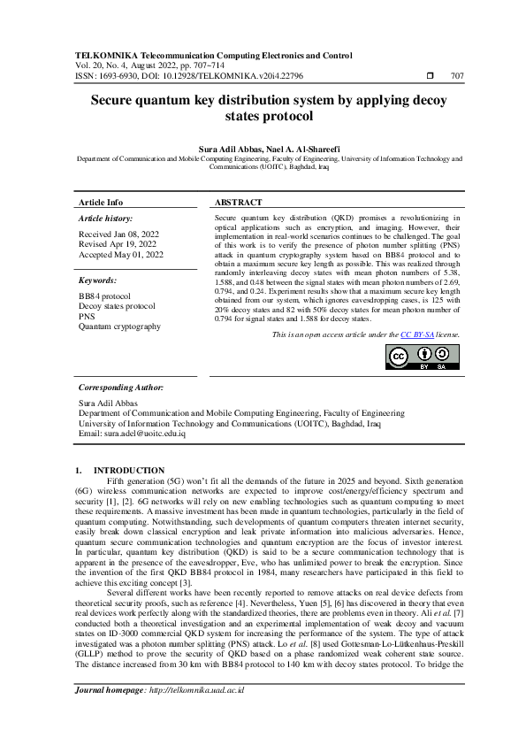 (PDF) Secure quantum key distribution system by applying decoy states ...