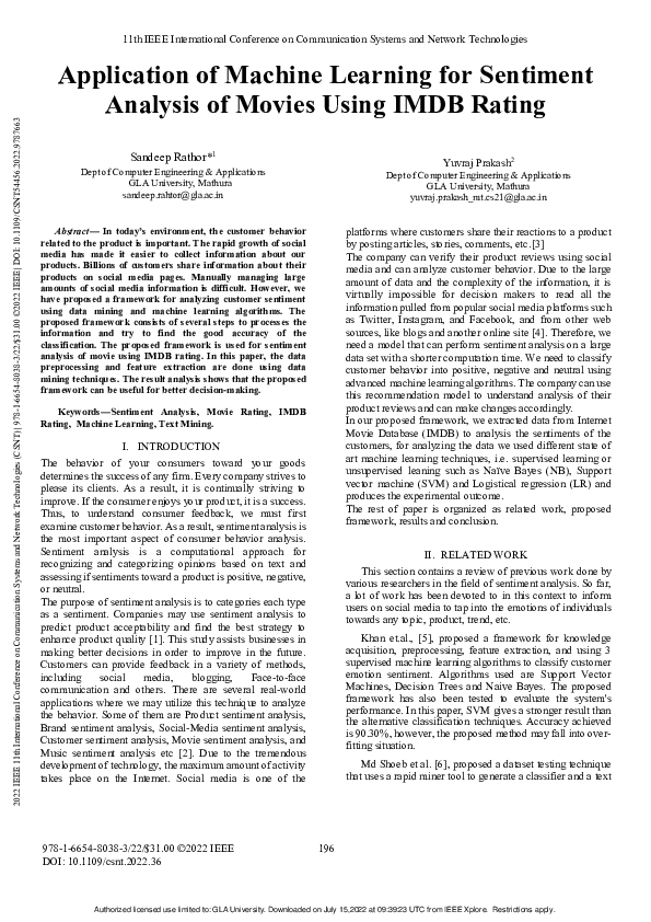 (PDF) Application of Machine Learning for Sentiment Analysis of Movies ...