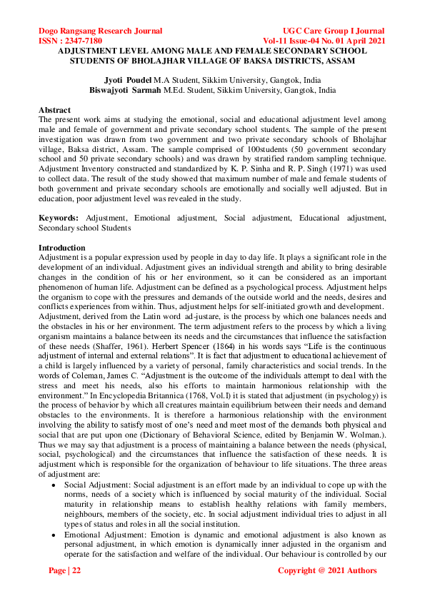 (PDF) ADJUSTMENT LEVEL AMONG MALE AND FEMALE SECONDARY SCHOOL STUDENTS ...