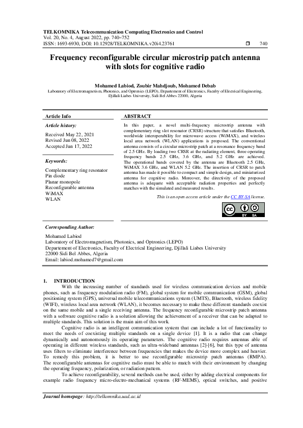 (PDF) Frequency reconfigurable circular microstrip patch antenna with ...