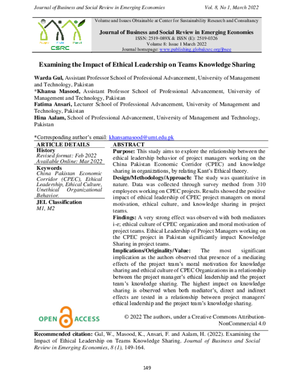 (PDF) Examining the Impact of Ethical Leadership on Teams Knowledge Sharing