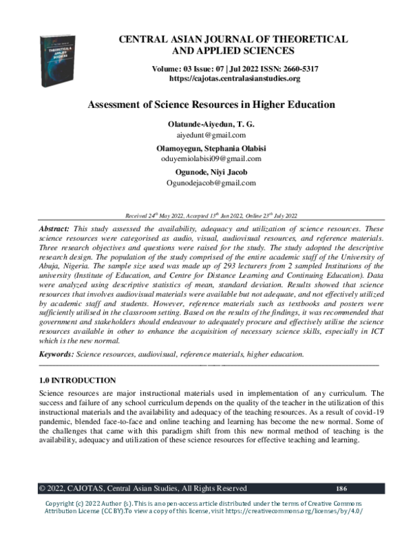 (PDF) Assessment of Science Resources in Higher Education