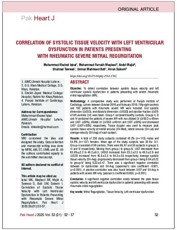(PDF) Correlation of Systolic Tissue Velocity with Left Ventricular ...