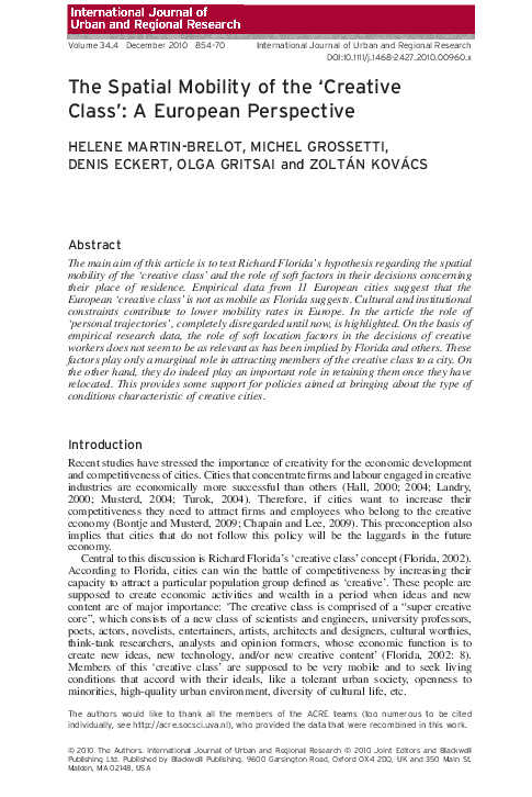 (PDF) The Spatial Mobility of the ‘Creative Class’: A European Perspective