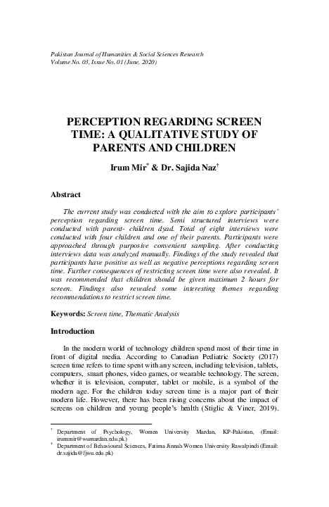 (PDF) Perception Regarding Screen Time: A Qualitative Study of Parents ...