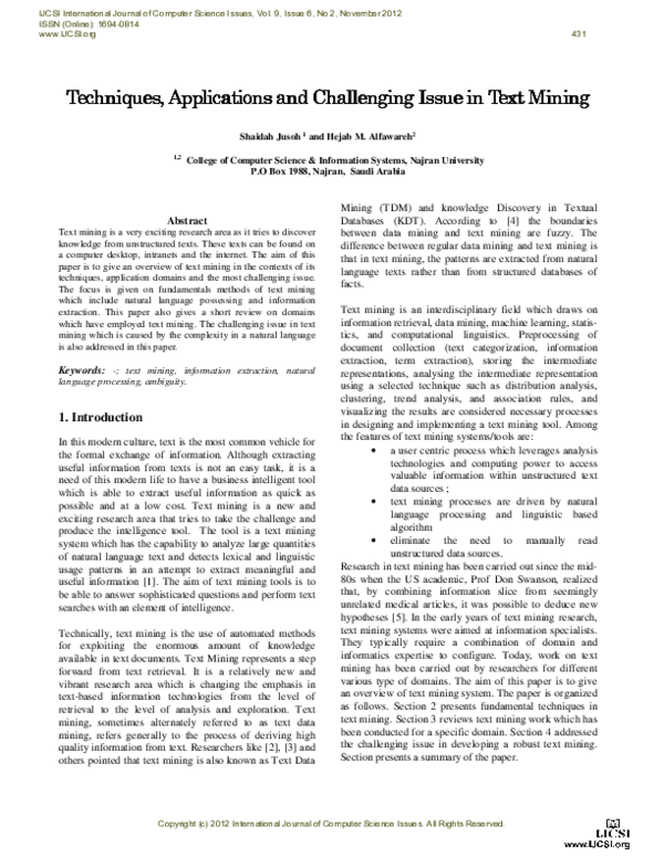 (PDF) Techniques, Applications and Challenging Issue in Text Mining ues ...