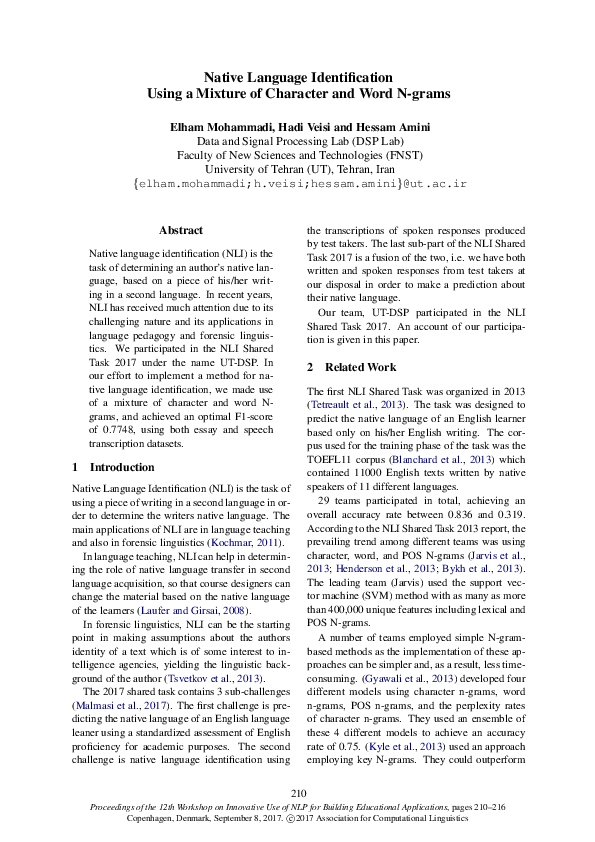 (PDF) Native Language Identification Using a Mixture of Character and ...
