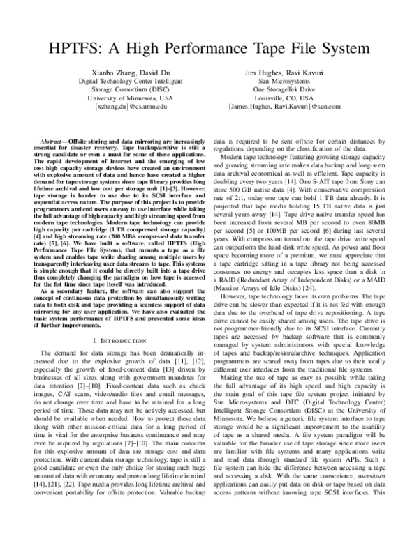 (PDF) Hptfs: A high performance tape file system | David Du - Academia.edu