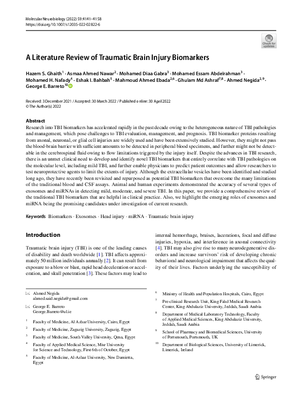 (PDF) A Literature Review of Traumatic Brain Injury Biomarkers