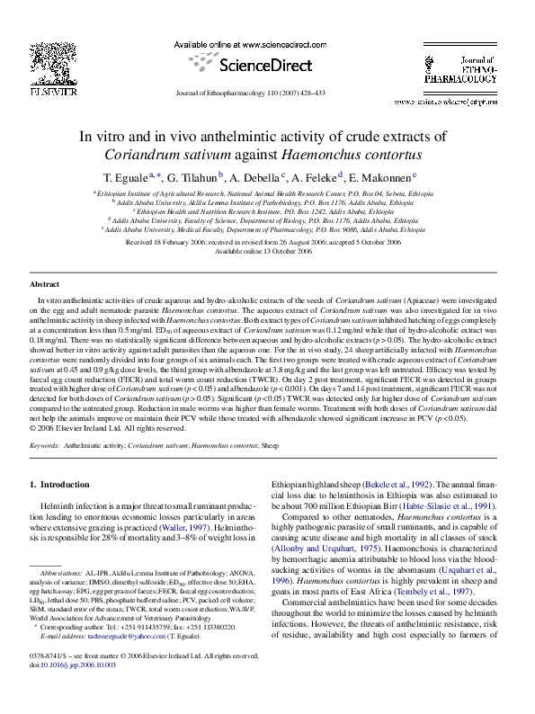 (PDF) In vitro and in vivo anthelmintic activity of crude extracts of ...