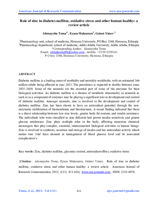(PDF) Role of zinc in diabetes mellitus, oxidative stress and ...