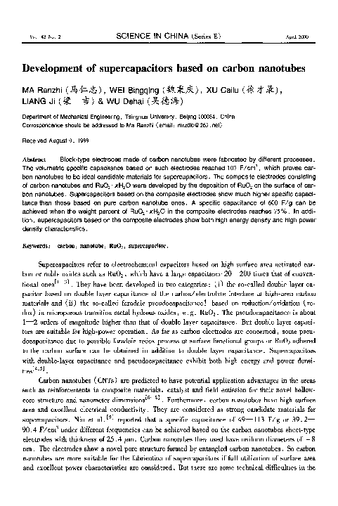 (PDF) Development of supercapacitors based on carbon nanotubes