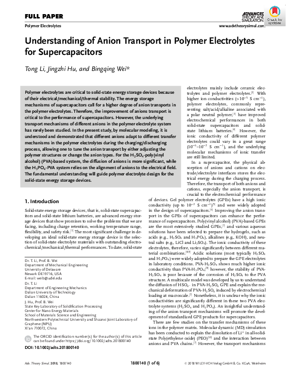 (PDF) Understanding of Anion Transport in Polymer Electrolytes for ...