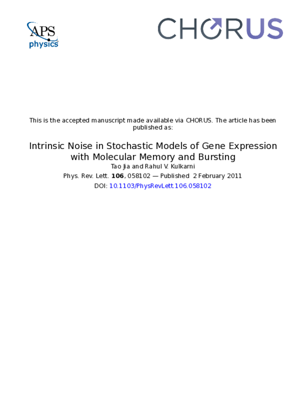 (PDF) Intrinsic Noise in Stochastic Models of Gene Expression with ...