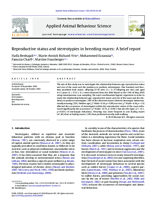 (PDF) Reproductive status and stereotypies in breeding mares: A brief ...