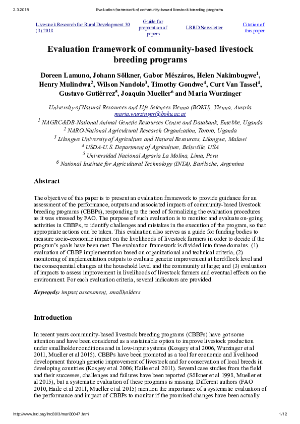 Pdf Evaluation Framework Of Community Based Livestock Breeding Programs