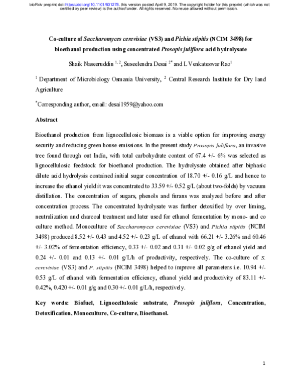 (PDF) Co-culture of Saccharomyces cerevisiae (VS3) and Pichia stipitis ...