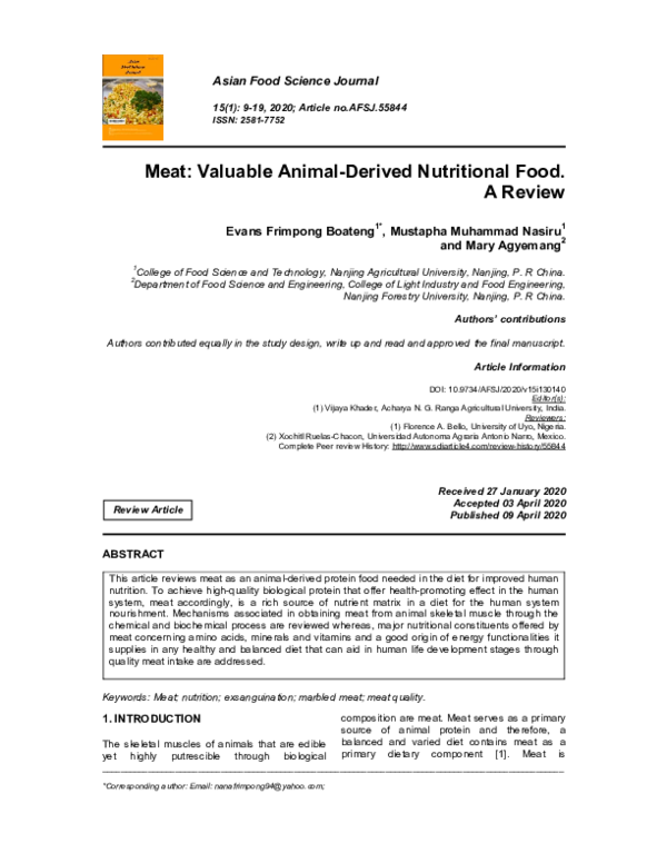 (PDF) Meat Valuable AnimalDerived Nutritional Food. A Review
