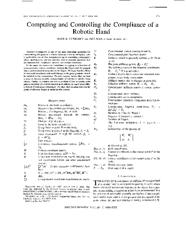 (PDF) Computing and controlling compliance of a robotic hand