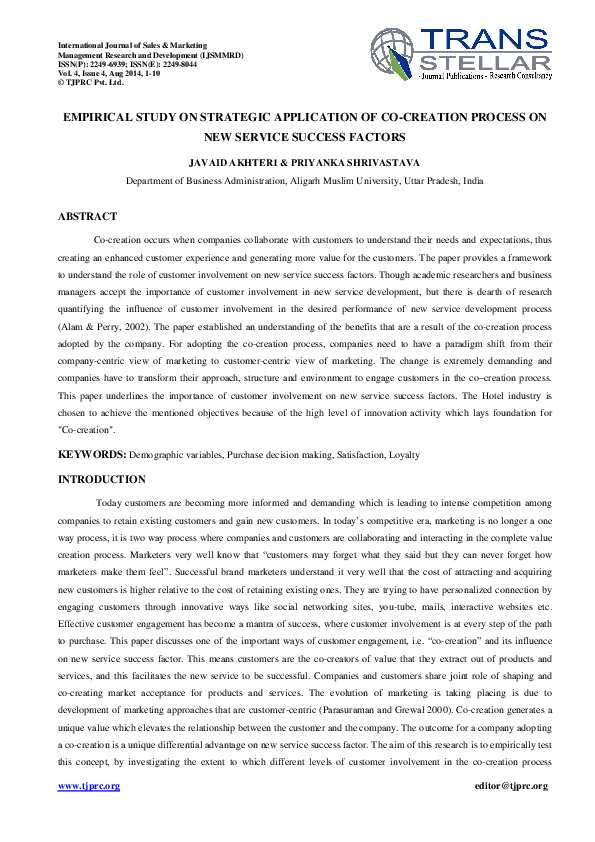  PDF Empirical Study On Strategic Application Of Co Creation Process On New Service Success 