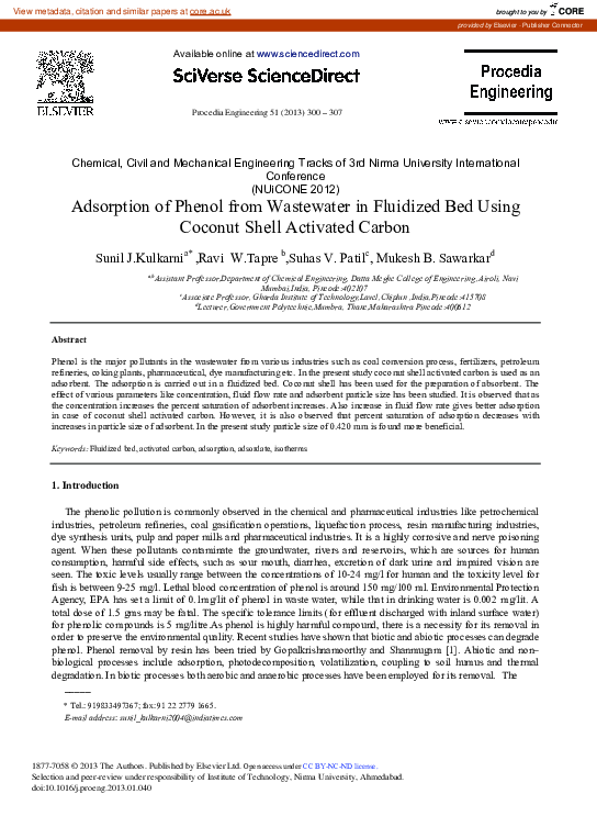 (PDF) Adsorption of Phenol from Wastewater in Fluidized Bed Using ...