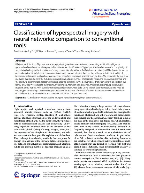(PDF) Classification of hyperspectral imagery with neural networks ...