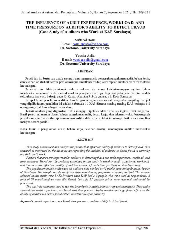 (PDF) THE INFLUENCE OF AUDIT EXPERIENCE, WORKLOAD, AND TIME PRESSURE ON ...