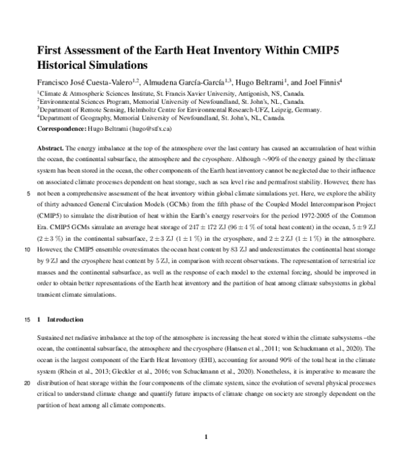 (PDF) First Assessment of the Earth Heat Inventory Within CMIP5 ...
