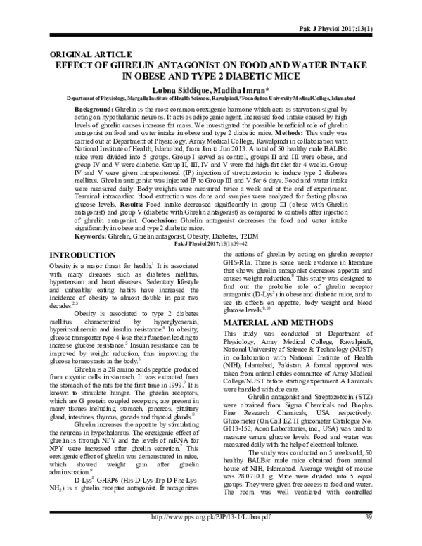(PDF) Effect of Ghrelin Antagonist on Food and Water Intake in Obese ...