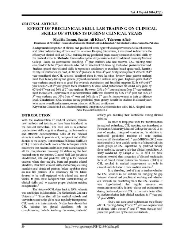 (PDF) Effect of Preclinical Skill Lab Training on Clinical Skills of ...
