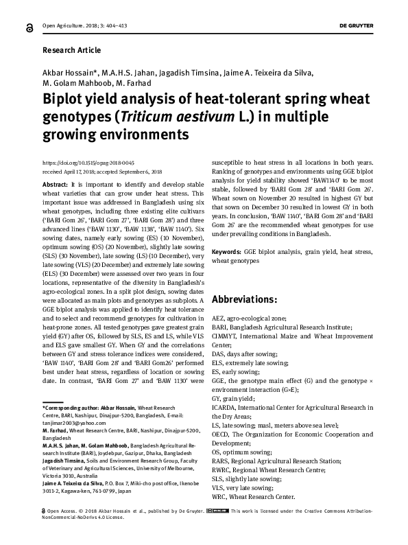 (PDF) Biplot Yield Analysis of Heat-Tolerant Spring Wheat Genotypes ...