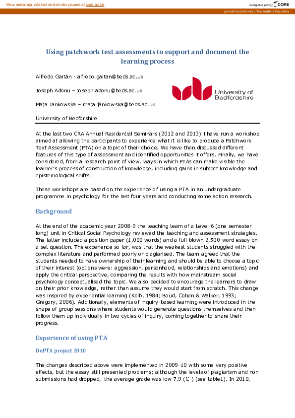 (PDF) Using patchwork text assessments to support and document learning processes Alfredo