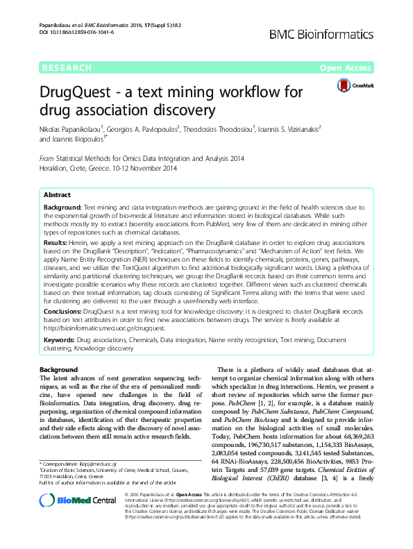 (PDF) DrugQuest - a text mining workflow for drug association discovery