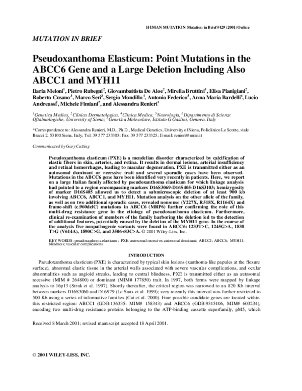 (PDF) Pseudoxanthoma elasticum: Point mutations in the ABCC6 gene and a ...