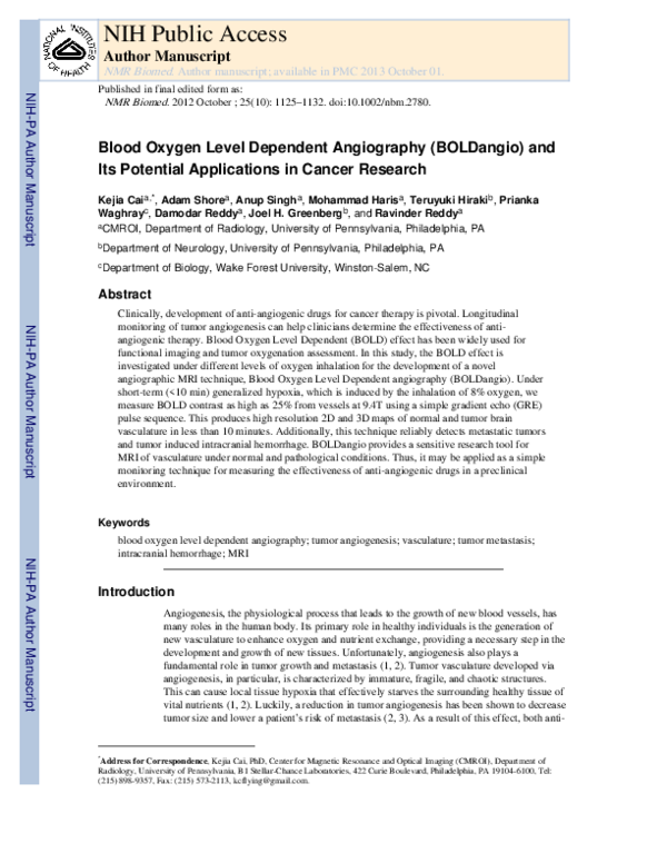 (PDF) Blood oxygen level dependent angiography (BOLDangio) and its ...