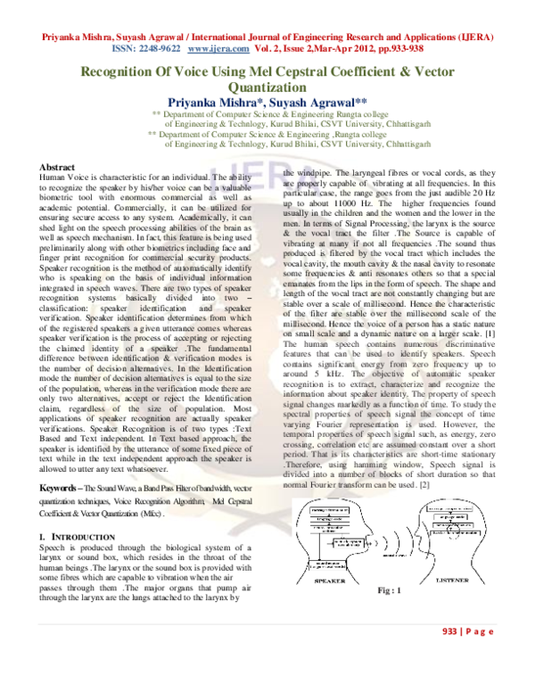 (PDF) Recognition Of Voice Using Mel Cepstral Coefficient & Vector ...